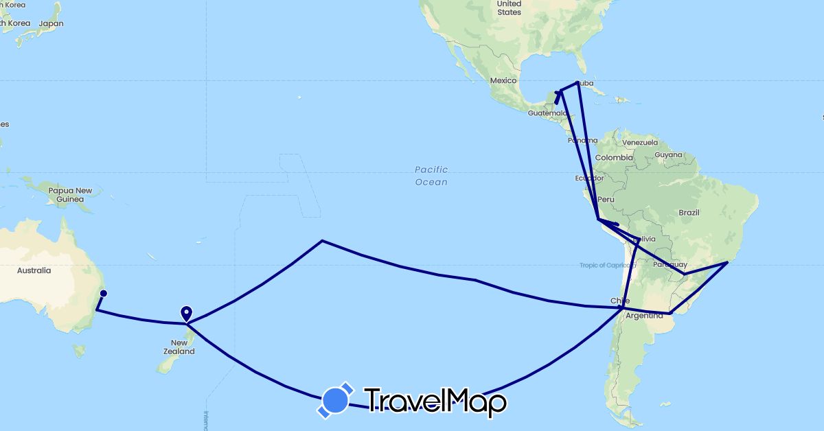TravelMap itinerary: driving in Argentina, Australia, Bolivia, Brazil, Belize, Chile, Cuba, France, Mexico, New Zealand, Peru, Uruguay (Europe, North America, Oceania, South America)